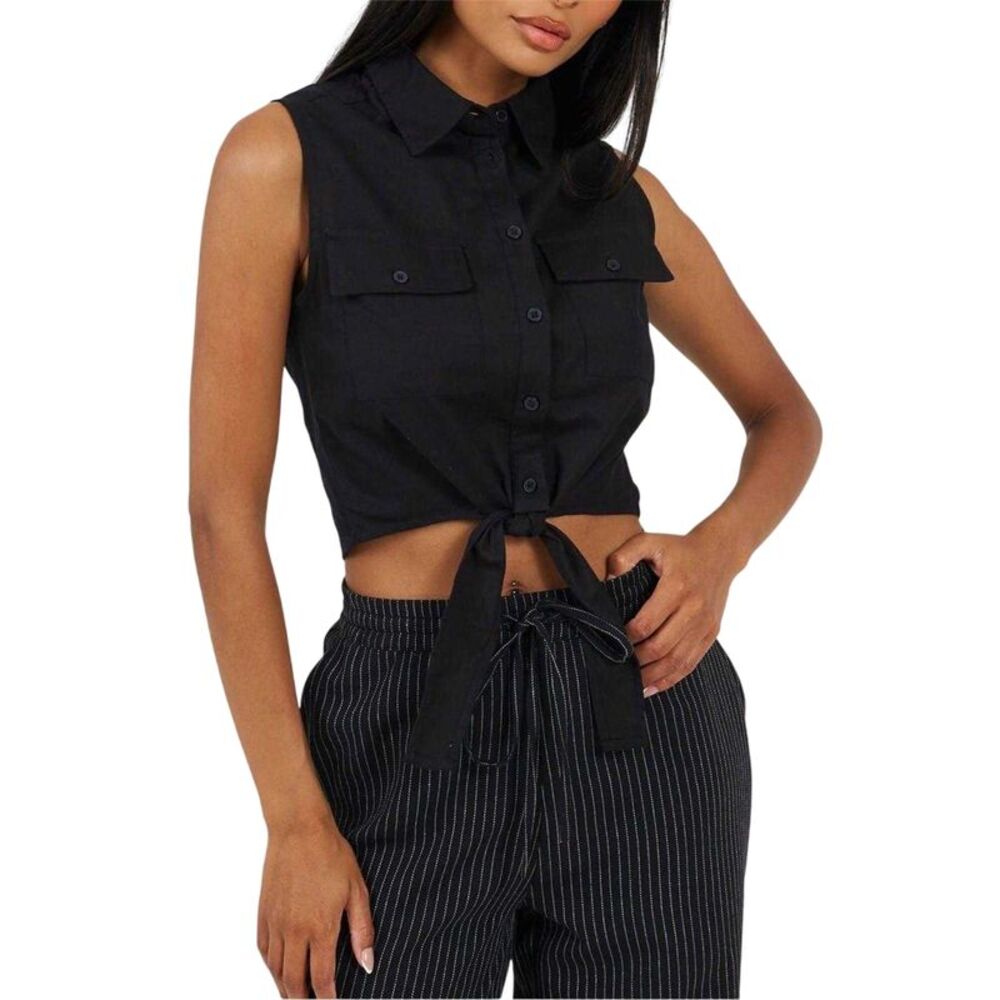 Brave Soul Womens/Ladies Tied Hem Sleeveless Crop Top / Black